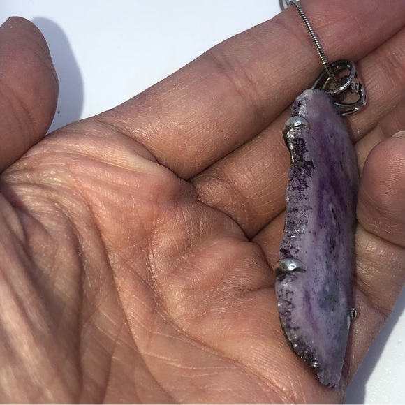 VTG Sterling Amethyst Druzy Slice Pendsnt w 925 Snake Chain 19” / 2.5” Pendant - Picture 8 of 11